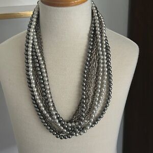 Elegant Silver and Gray Multi-Strand‎ Pearl bead Necklace